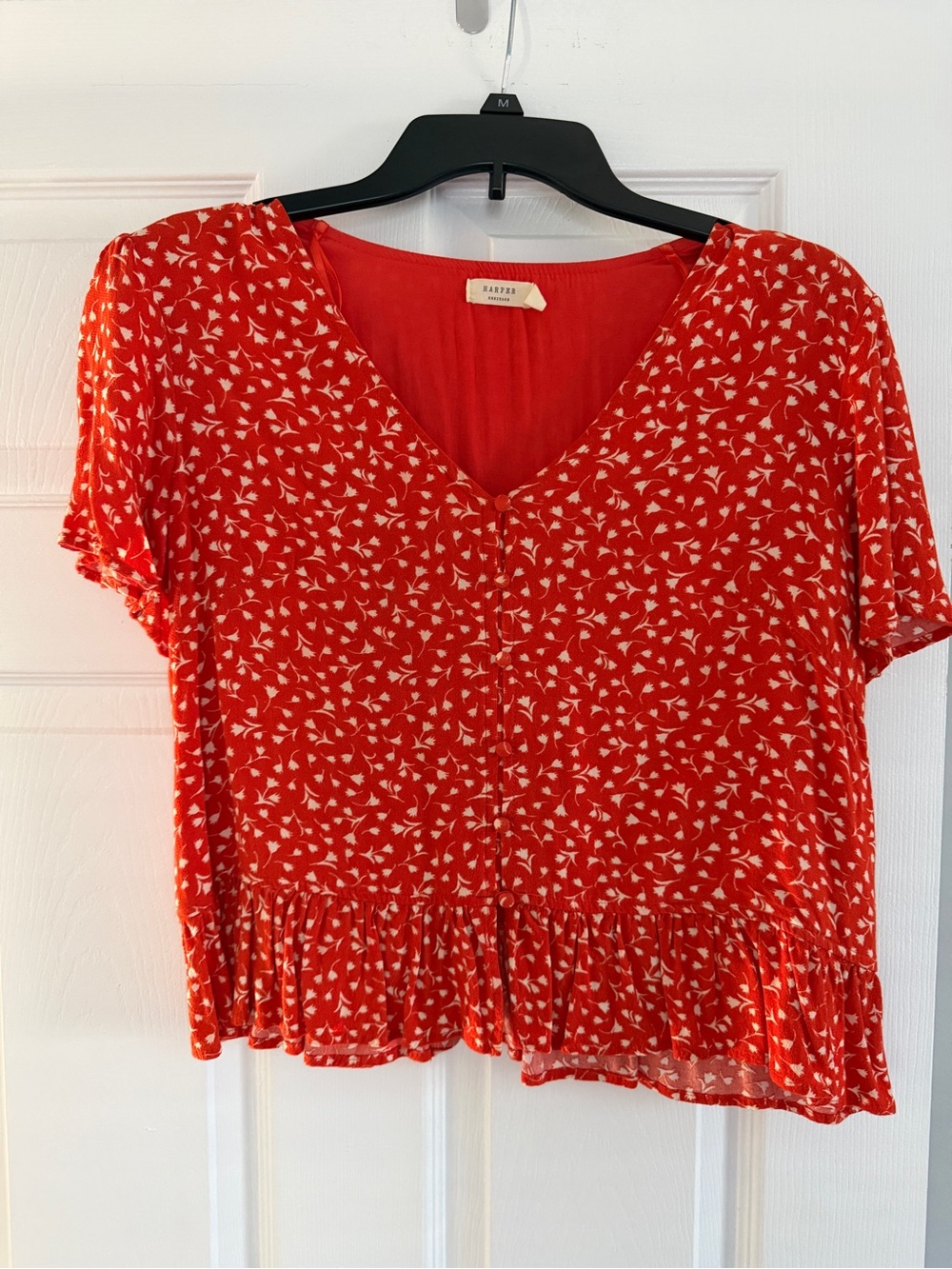 Harper Red Floral V-Neck Ruffle-Hem Blouse